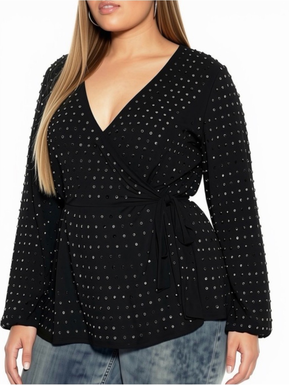 City Chic Bling Flirt Embellished Wrap Blouse, Silver Rivets on Black Chiffon